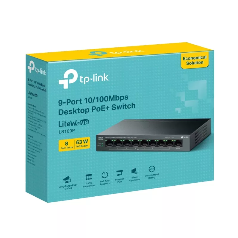 TP-Link LiteWave LS109P tīkla komutators Nepārvaldīts Fast Ethernet (10/100) Power over Ethernet (PoE) Melns
