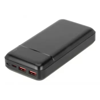 Pārnēsājamais ārējais akumulators Rivacase VA2102 litija polimēra 20000 mAh, Quick Charge 3.0, 2×USB-A + 1×USB-C, 22,5 W, melns