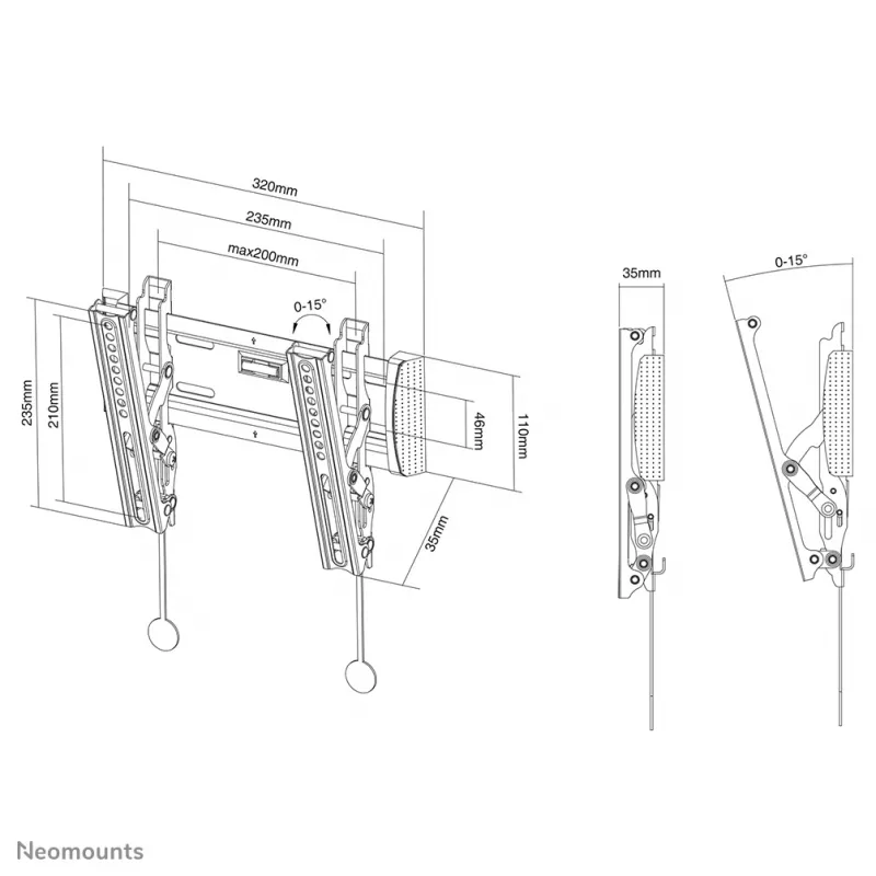 Neomounts NM-W125Melns TV sienas stiprinājums 10-40 collām - paceļams, 101,6 cm (40 collas), 75 x 75 mm, 200 x 200 mm, 0 - 15°, Tērauds, Melns