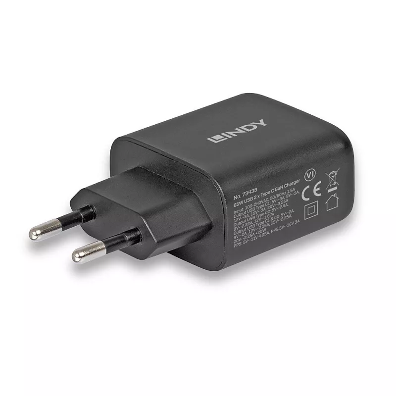 Lindy 65W USB 2 x Type C GaN lādētājs 73438