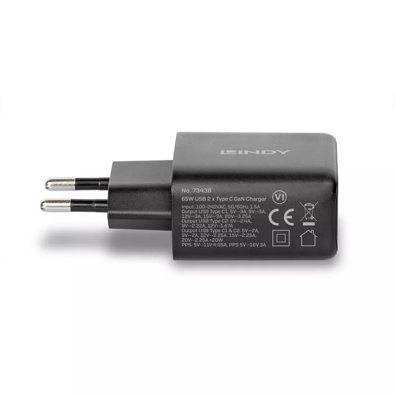 Lindy 65W USB 2 x Type C GaN lādētājs 73438