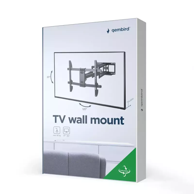 Sienas TV stiprinājums Gembird WM-80ST-02 — fiksēts/noliecams, 37 collas–80 collas, VESA līdz 600x400, 60 kg, melns