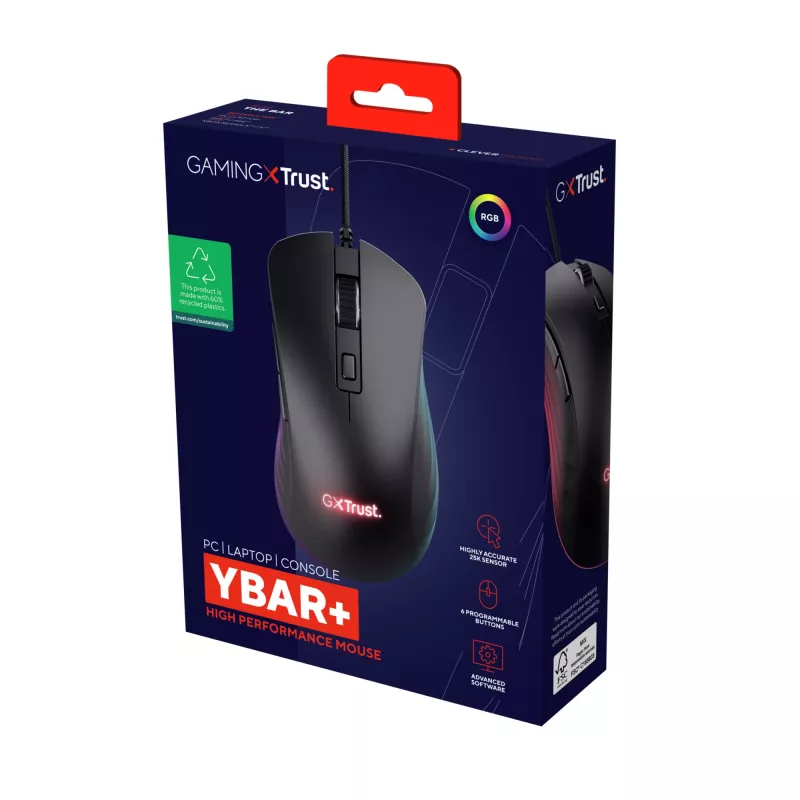 Trust GXT924 YBAR+ pele Spēlēm Labrocis USB Type-A Optiskais 25600 DPI
