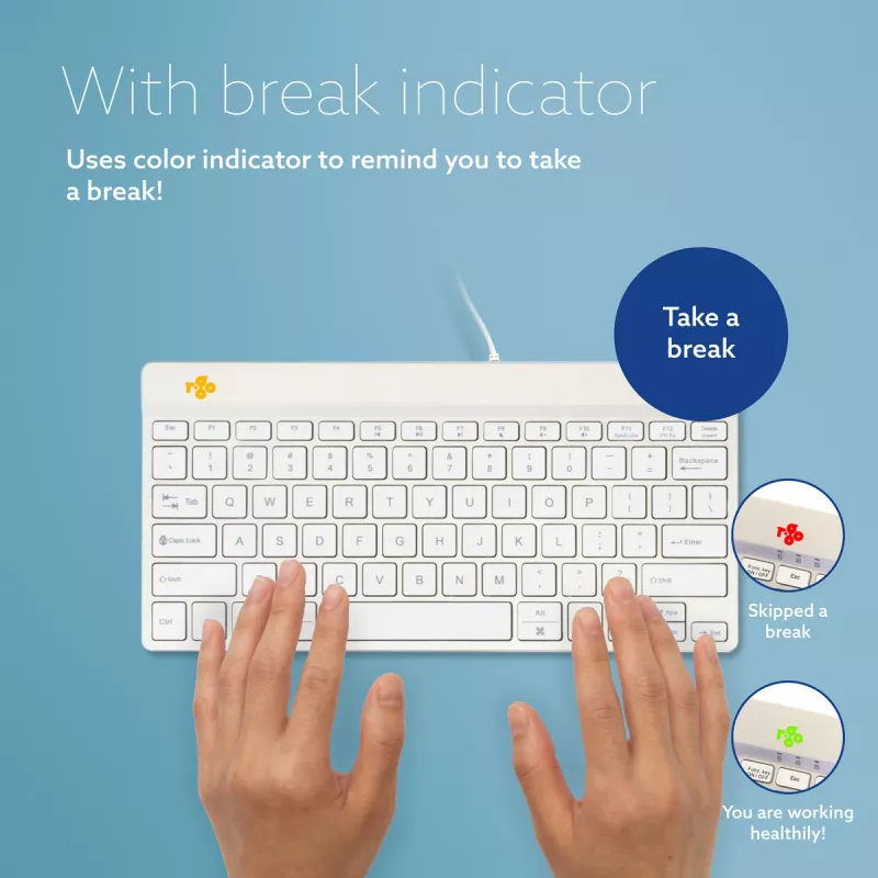 R-Go Tools Ergonomic tastatūra R-Go Compact Break, kompakta klaviatūra ar pārtraukumu programmatūru, QWERTY (US), vadu savienojums, balta