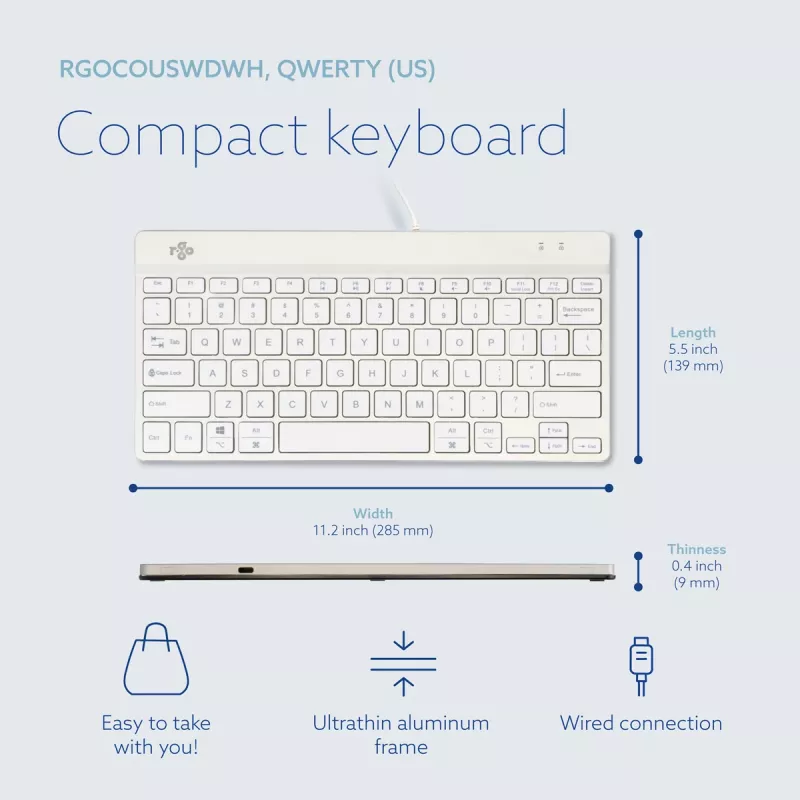 R-Go Tools Ergonomic tastatūra R-Go Compact Break, kompakta klaviatūra ar pārtraukumu programmatūru, QWERTY (US), vadu savienojums, balta