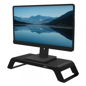 Fellowes datora monitora statīvs ar 3 augstuma regulējumiem - Hana LT monitora pacēlājs - Ergonomisks regulējams monitora statīvs datoriem - Maksimālais svars 22.6 kg - Melns