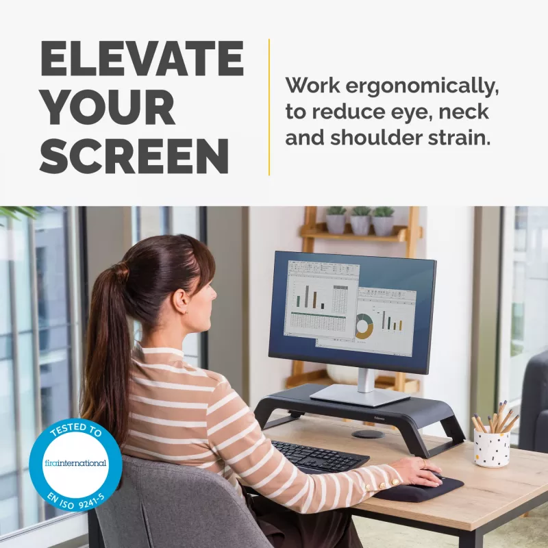 Fellowes datora monitora statīvs ar 3 augstuma regulējumiem - Hana LT monitora pacēlājs - Ergonomisks regulējams monitora statīvs datoriem - Maksimālais svars 22.6 kg - Melns