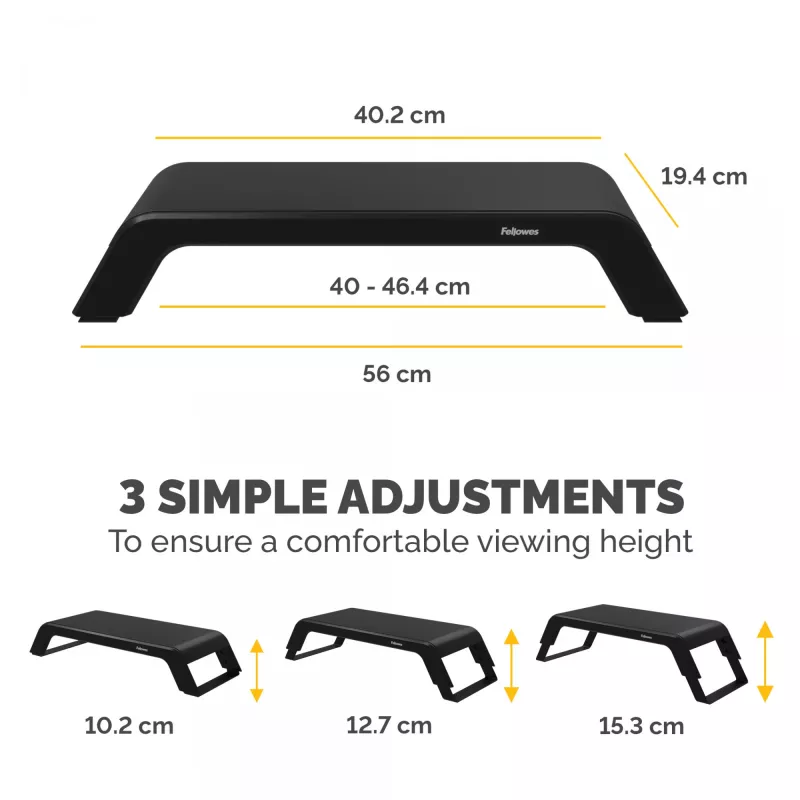 Fellowes datora monitora statīvs ar 3 augstuma regulējumiem - Hana LT monitora pacēlājs - Ergonomisks regulējams monitora statīvs datoriem - Maksimālais svars 22.6 kg - Melns