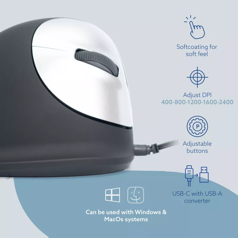 R-Go Tools Ergonomiskā pele R-Go HE Break ar pārtraukuma programmatūru, vidēja (rokas izmērs 165-185 mm), labročiem, vadu, melna