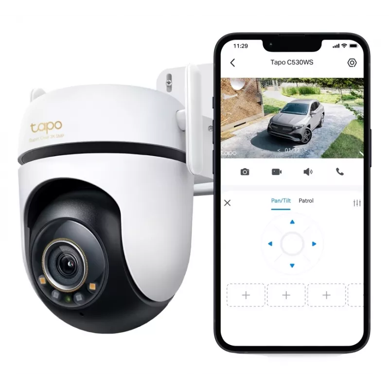 TP-Link āra pagriežamā/noliecamā drošības Wi-Fi kamera SPEC: 3K 5MP (2880x1620), 2,4 GHz, 2 × ārējās antenas, 1 × Ethernet ports, horizontāli 360°