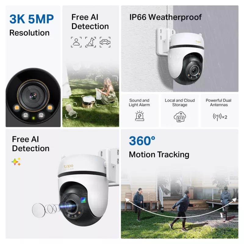 TP-Link āra pagriežamā/noliecamā drošības Wi-Fi kamera SPEC: 3K 5MP (2880x1620), 2,4 GHz, 2 × ārējās antenas, 1 × Ethernet ports, horizontāli 360°