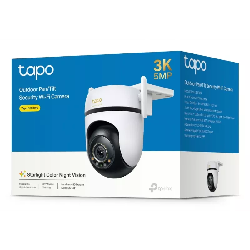 TP-Link āra pagriežamā/noliecamā drošības Wi-Fi kamera SPEC: 3K 5MP (2880x1620), 2,4 GHz, 2 × ārējās antenas, 1 × Ethernet ports, horizontāli 360°