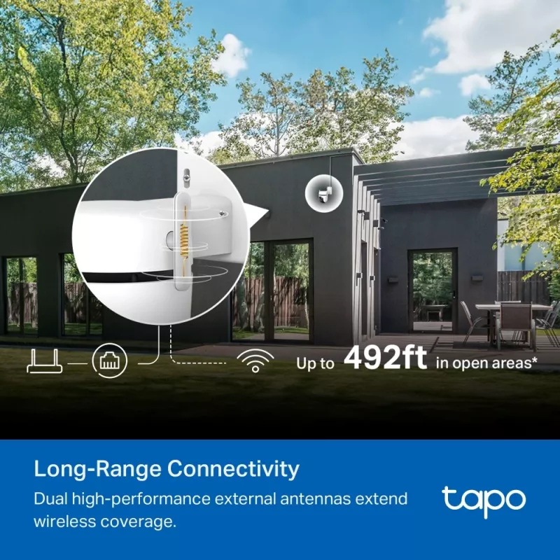 TP-Link āra pagriežamā/noliecamā drošības Wi-Fi kamera SPEC: 3K 5MP (2880x1620), 2,4 GHz, 2 × ārējās antenas, 1 × Ethernet ports, horizontāli 360°