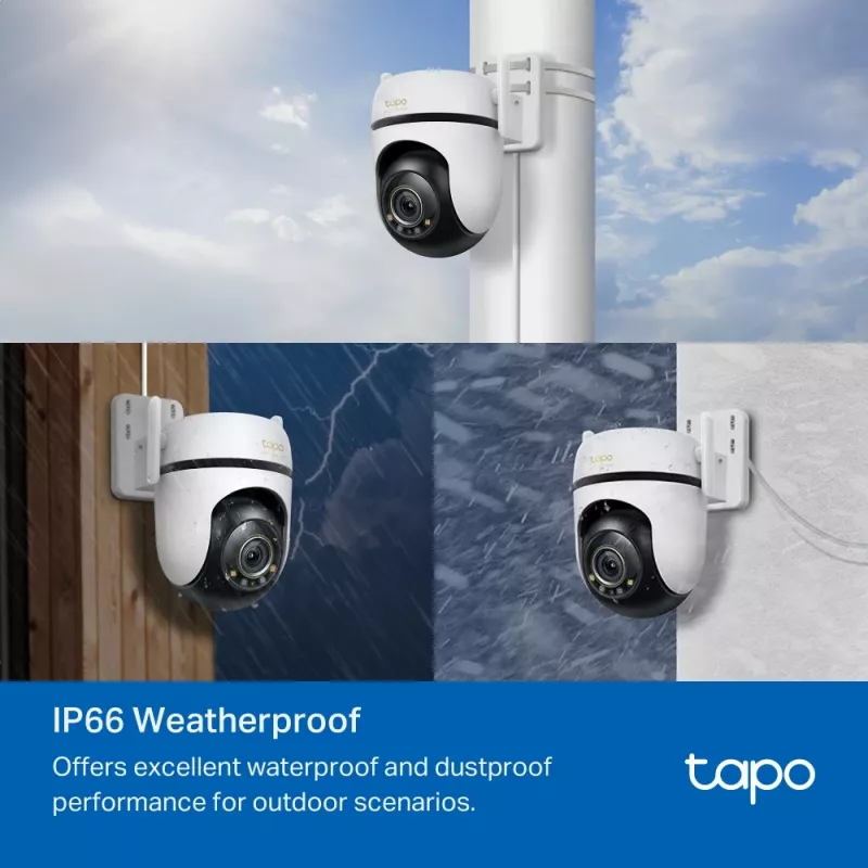 TP-Link āra pagriežamā/noliecamā drošības Wi-Fi kamera SPEC: 3K 5MP (2880x1620), 2,4 GHz, 2 × ārējās antenas, 1 × Ethernet ports, horizontāli 360°