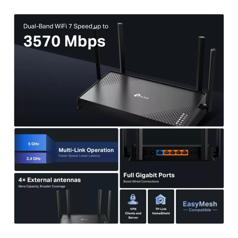 TP-Link Archer BE220 bezvadu maršrutētājs Gigabit Ethernet Divjoslu (2,4 GHz / 5 GHz) Melns