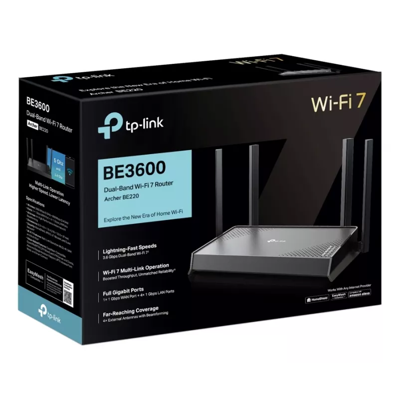 TP-Link Archer BE220 bezvadu maršrutētājs Gigabit Ethernet Divjoslu (2,4 GHz / 5 GHz) Melns