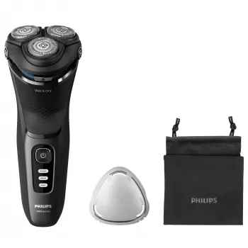 Elektriskais rotācijas skuveklis Philips 3000 Series S3244/12 – 3 galviņas, Mitrā un Sausā, Li‑Ion, 60 min darbības laiks, izbīdāms trimeris, mazgājams, melns