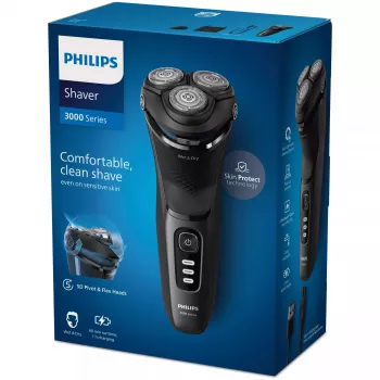 Elektriskais rotācijas skuveklis Philips 3000 Series S3244/12 – 3 galviņas, Mitrā un Sausā, Li‑Ion, 60 min darbības laiks, izbīdāms trimeris, mazgājams, melns
