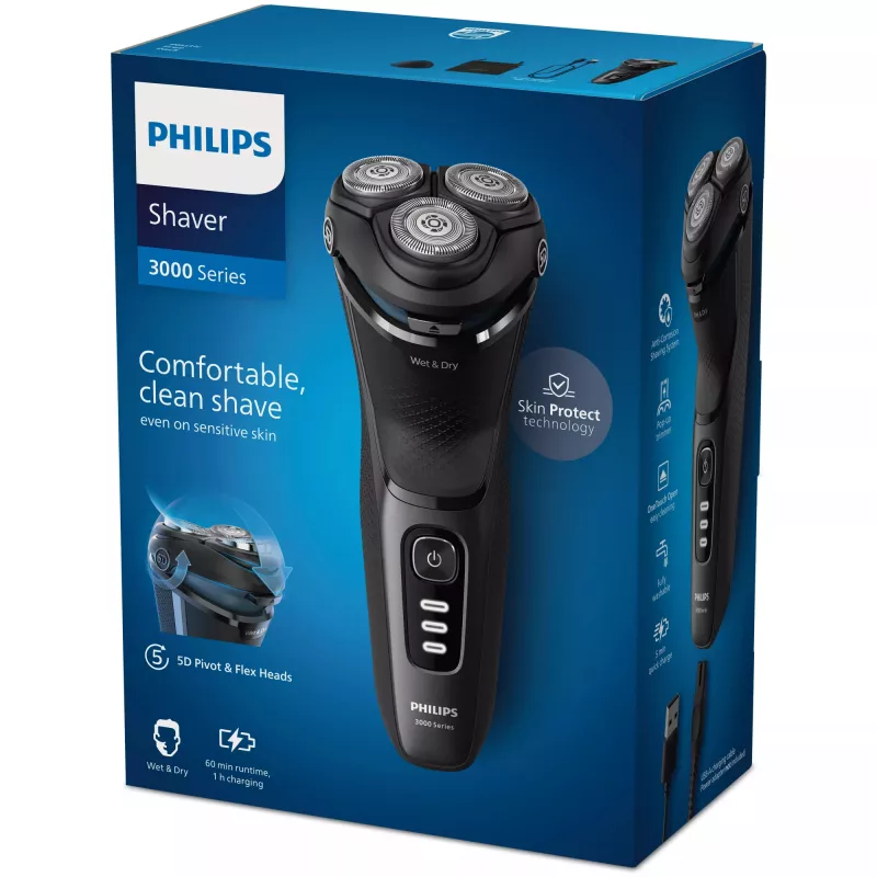 Elektriskais rotācijas skuveklis Philips 3000 Series S3244/12 – 3 galviņas, Mitrā un Sausā, Li‑Ion, 60 min darbības laiks, izbīdāms trimeris, mazgājams, melns