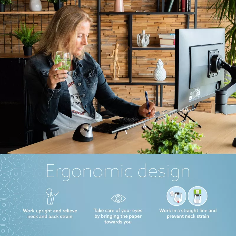 R-Go Tools Dokumentu turētājs R-Go Flex Read, ergonomisks, ar mīkstu putu plaukstas balstu, caurspīdīgs akrils