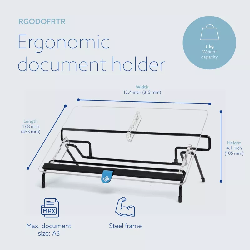 R-Go Tools Dokumentu turētājs R-Go Flex Read, ergonomisks, ar mīkstu putu plaukstas balstu, caurspīdīgs akrils