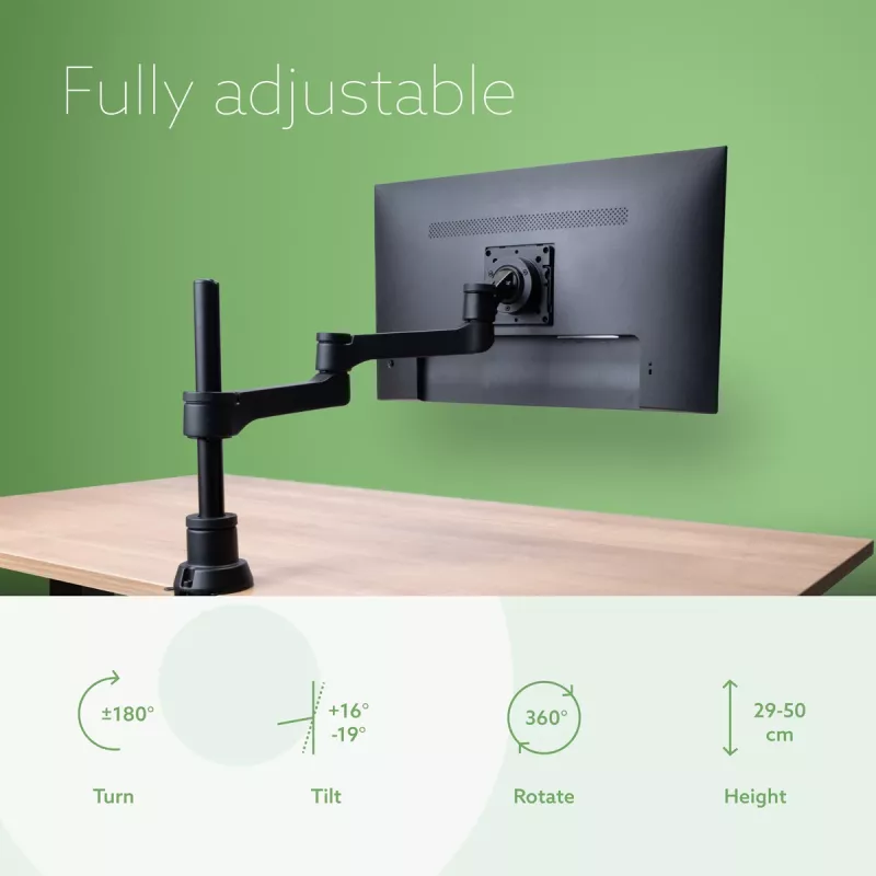 R-Go Tools Monitora roka R-Go Zepher Single, pilnībā regulējama, 0-8 kg kravnesība, 100% apļveida, melna