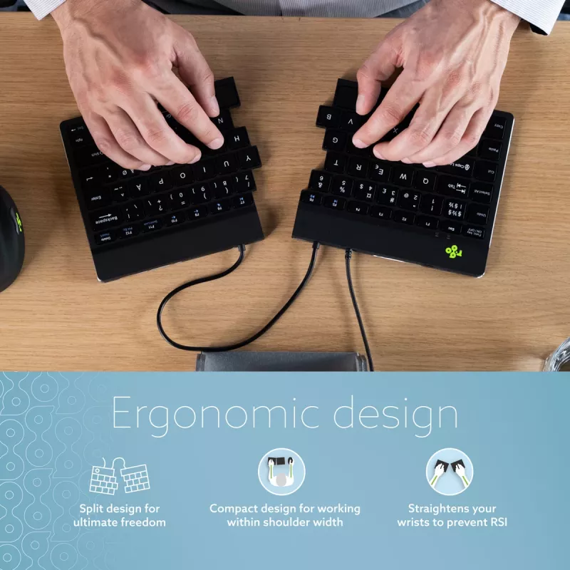 R-Go Tools ergonomiskā tastatūra R-Go Split Break v2 ar pārtraukumu programmatūru, ergonomiska dalīta tastatūra, QWERTY (UK), vadu savienojums, melna
