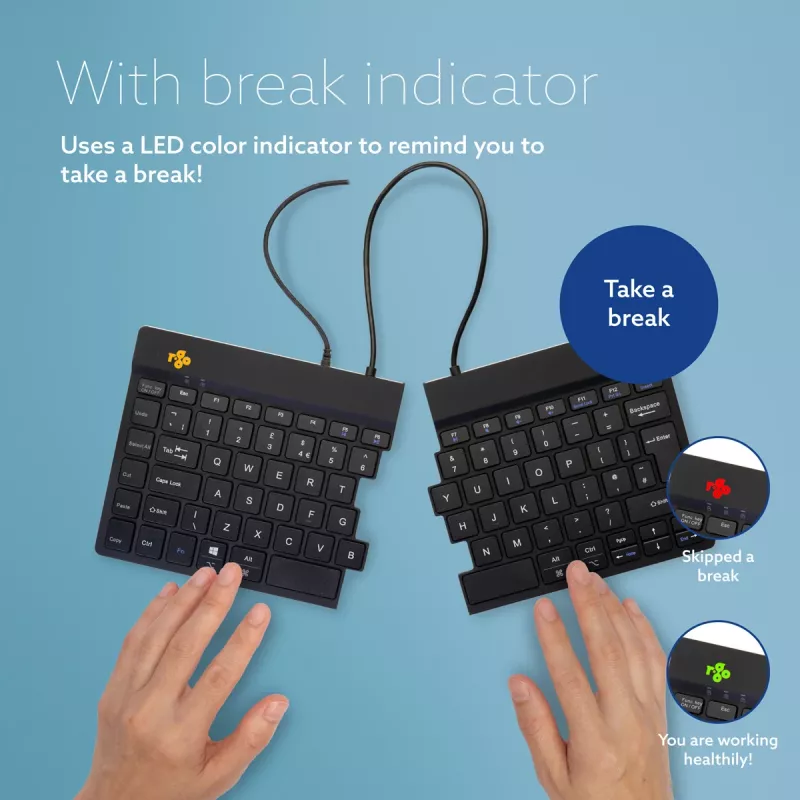 R-Go Tools ergonomiskā tastatūra R-Go Split Break v2 ar pārtraukumu programmatūru, ergonomiska dalīta tastatūra, QWERTY (UK), vadu savienojums, melna