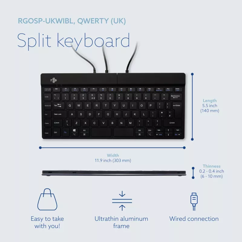 R-Go Tools ergonomiskā tastatūra R-Go Split Break v2 ar pārtraukumu programmatūru, ergonomiska dalīta tastatūra, QWERTY (UK), vadu savienojums, melna