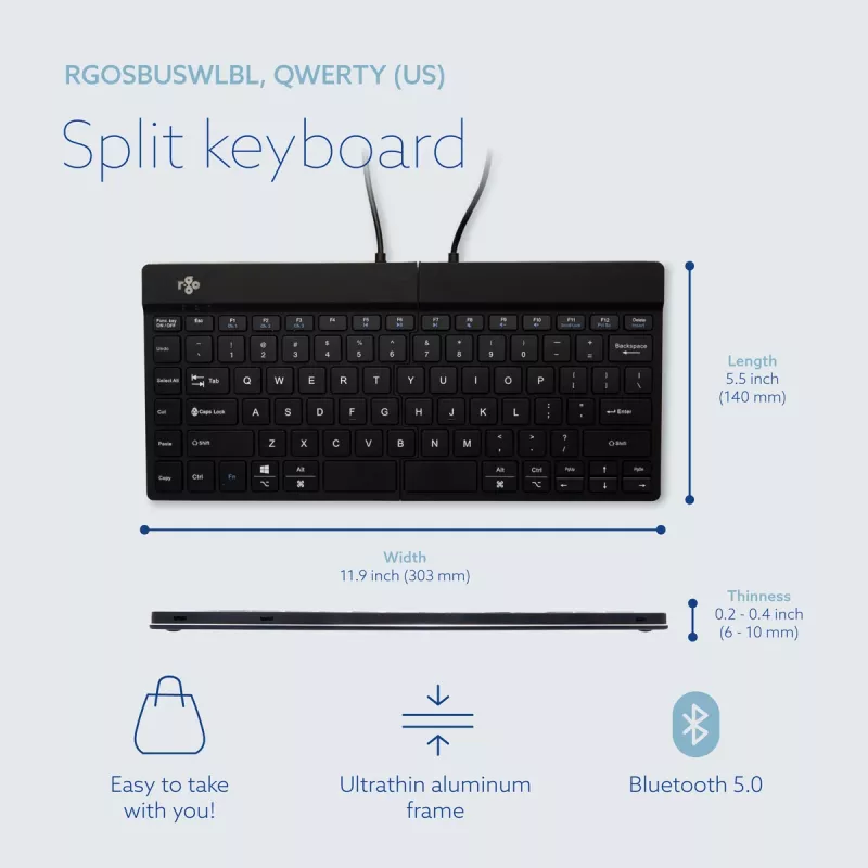 R-Go Tools Ergonomic tastatūra R-Go Split Break ar pārtraukumu programmatūru, ergonomiska dalīta klaviatūra, QWERTY (US), Bluetooth, melna