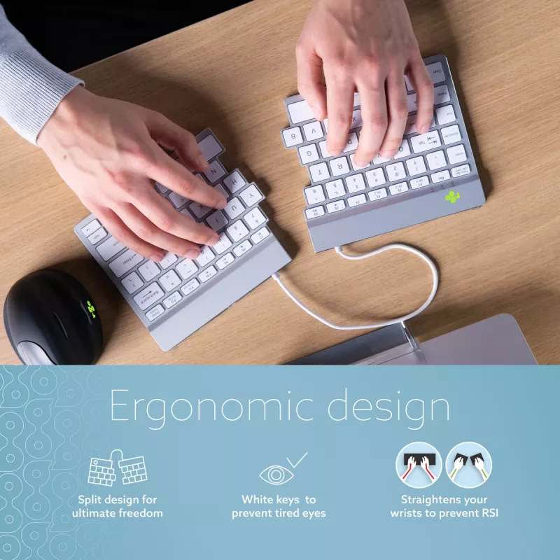 R-Go Tools ergonomiska tastatūra R-Go Split Break ar pārtraukumu programmatūru, ergonomiska dalīta tastatūra, QWERTY (US), Bluetooth, balta