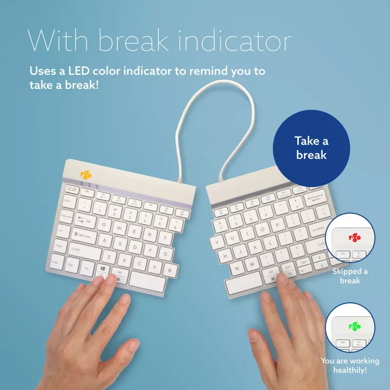 R-Go Tools ergonomiska tastatūra R-Go Split Break ar pārtraukumu programmatūru, ergonomiska dalīta tastatūra, QWERTY (US), Bluetooth, balta