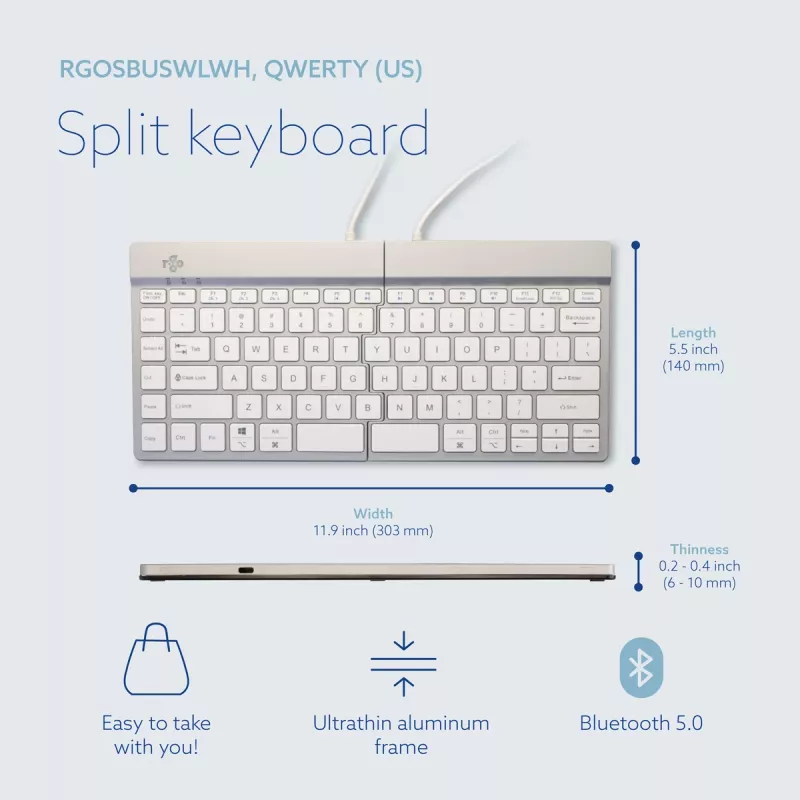 R-Go Tools ergonomiska tastatūra R-Go Split Break ar pārtraukumu programmatūru, ergonomiska dalīta tastatūra, QWERTY (US), Bluetooth, balta