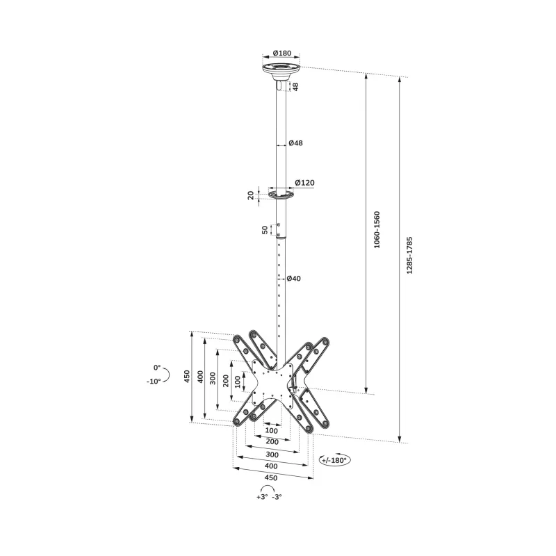 Neomounts FPMA-C340DMelns dubultais monitora/TV kronšteins pie griestiem 32-75 collas - h 106-156 cm