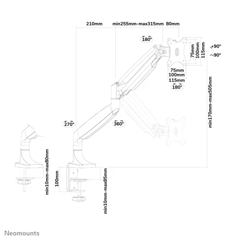 Neomounts NM-D750balta Monitora rokas statīvs 10-32 collu - gāzes atsperes, Skava/caurums, 9 kg, 25.4 cm (10 collu), 81.3 cm (32 collu), 100 x 100 mm, Balts