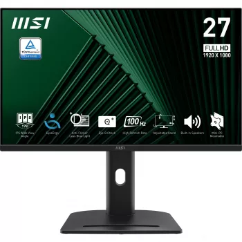 MSI PRO MP275PG 27 collu monitors, FHD (1920 x 1080), 100Hz, IPS, 1ms, 1x HDMI 1.4b, 1x DP 1.2a izeja, 1x D-Sub(VGA), iebūvēti skaļruņi, pretatspīduma, bez mirgošanas, samazināts zilās gaismas daudzums, TÜV sertificēts, VESA, Kensington, 4 virzienu regulē