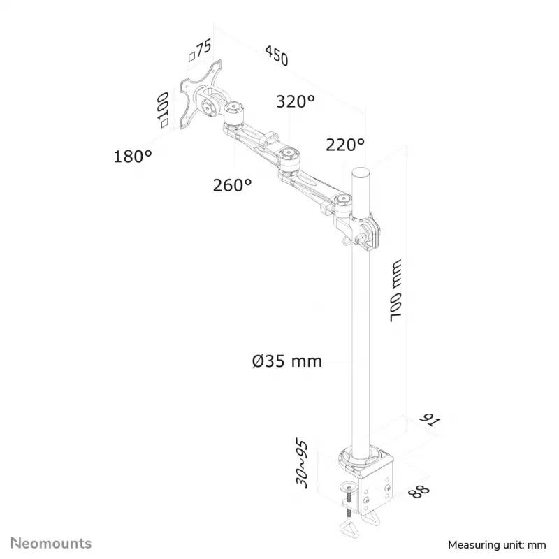 Neomounts FPMA-D935POLE70 Monitora roka 10-30 collas, Skavas stiprinājums, 10 kg, 25,4 cm (10 collas), 76,2 cm (30 collas), 100 x 100 mm, Sudraba