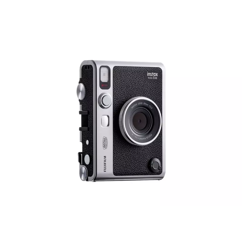 Momentfoto kamera Fujifilm Instax Mini Evo — 1/5 collas CMOS 2560×1920, 3 collu TFT, 1/8000–0.25s slēdzis, iebūvēta zibspuldze, 285 g, sudraba/melna