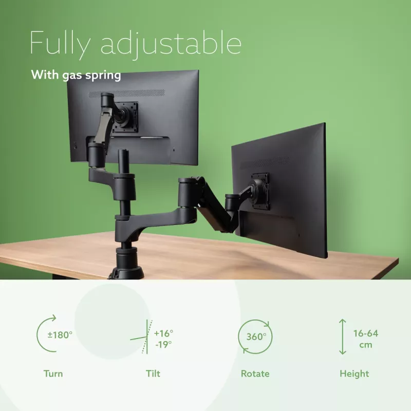 R-Go Tools Monitora statīvs R-Go Caparo Dual, diviem monitoriem, regulējams ar gāzes atsperi, 3-9 kg kravnesība, 100% apļveida, melns