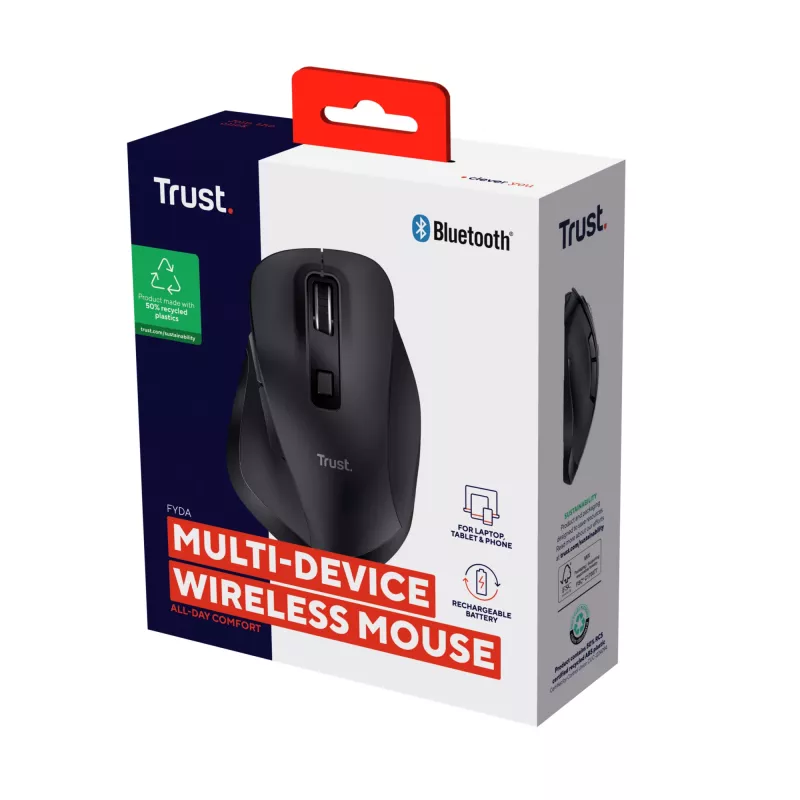 TRUST Fyda Office labās rokas bezvadu pele — RF + Bluetooth, optiska 2400 DPI, 6 pogas, melna