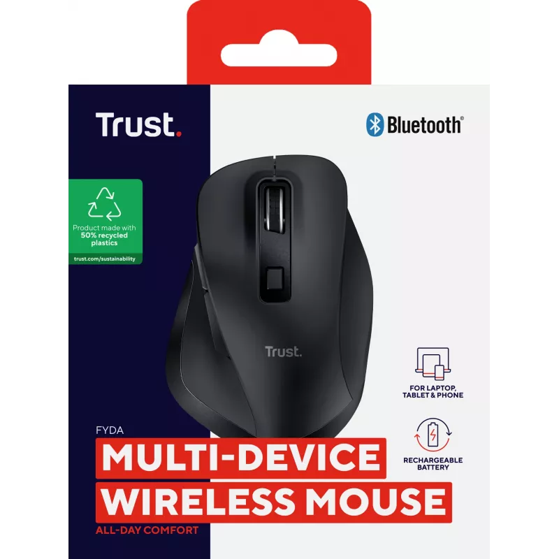 TRUST Fyda Office labās rokas bezvadu pele — RF + Bluetooth, optiska 2400 DPI, 6 pogas, melna