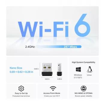 Bezvadu USB adapteris TP‑Link Archer TX1U Nano Wi‑Fi 6 (IEEE 802.11ax) divjoslu 2,4/5 GHz, 287 Mbit/s, Bluetooth, USB 2.0, melns