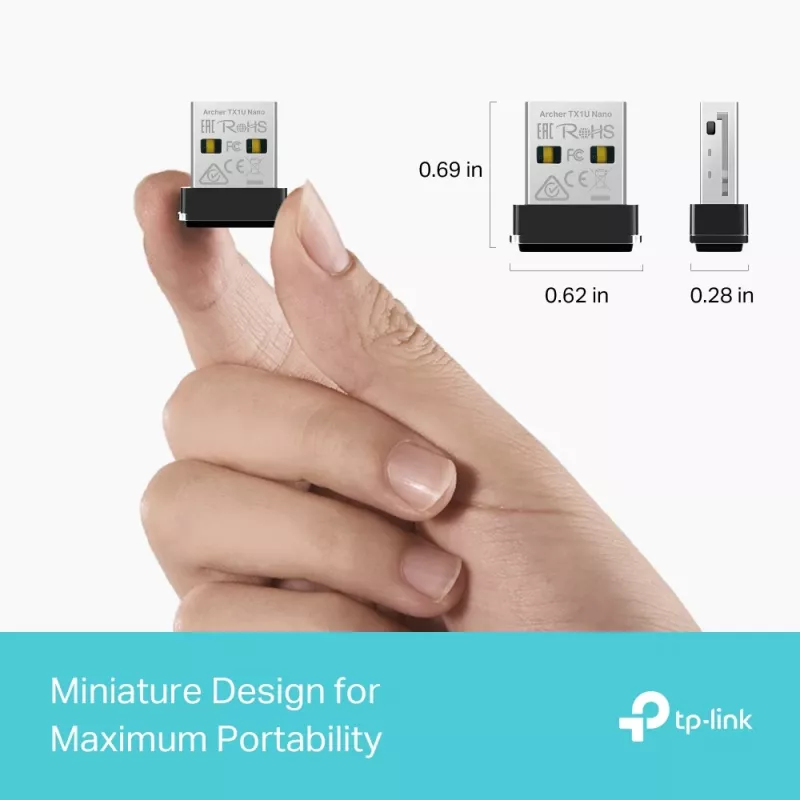 Bezvadu USB adapteris TP‑Link Archer TX1U Nano Wi‑Fi 6 (IEEE 802.11ax) divjoslu 2,4/5 GHz, 287 Mbit/s, Bluetooth, USB 2.0, melns