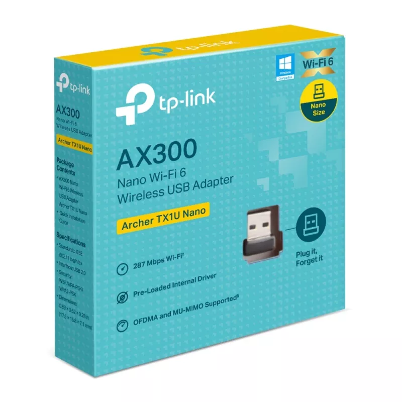 Bezvadu USB adapteris TP‑Link Archer TX1U Nano Wi‑Fi 6 (IEEE 802.11ax) divjoslu 2,4/5 GHz, 287 Mbit/s, Bluetooth, USB 2.0, melns