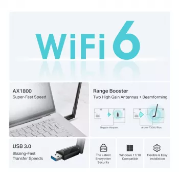 Bezvadu USB Wi‑Fi adapteris TP‑LINK Archer TX35U PLUS — Wi‑Fi 6 divjoslu 1201 Mbit/s, USB barošana, melns