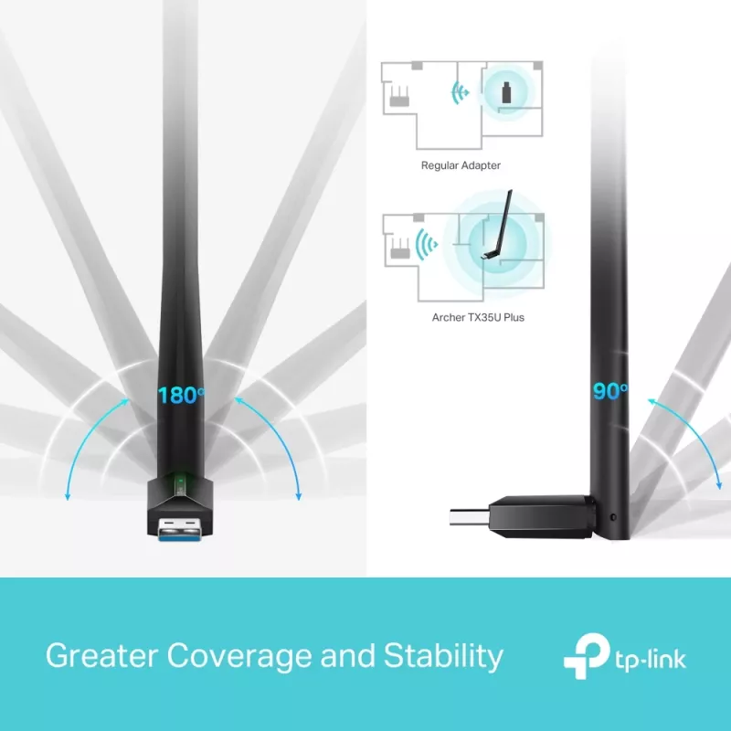 Bezvadu USB Wi‑Fi adapteris TP‑LINK Archer TX35U PLUS — Wi‑Fi 6 divjoslu 1201 Mbit/s, USB barošana, melns