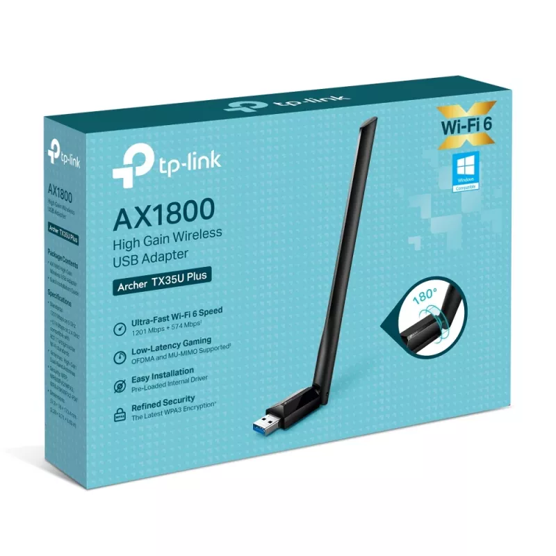 Bezvadu USB Wi‑Fi adapteris TP‑LINK Archer TX35U PLUS — Wi‑Fi 6 divjoslu 1201 Mbit/s, USB barošana, melns