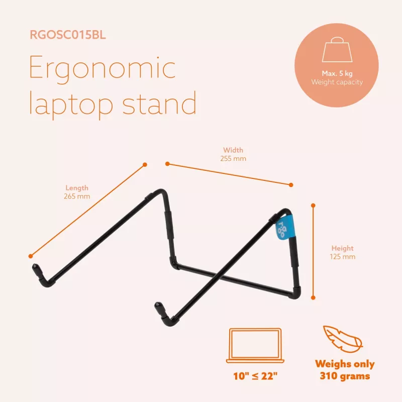 R-Go Tools Portatīvā datora statīvs R-Go Steel Travel, ergonomisks un salokāms, piemērots 10–22 collu portatīvajiem datoriem, melns