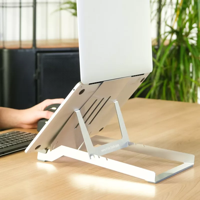 R-Go Tools klēpjdatora statīvs R-Go Riser Basic, salokāms un regulējams klēpjdatora pacēlājs, alumīnija, sudrabots