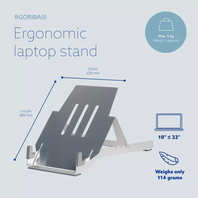 R-Go Tools klēpjdatora statīvs R-Go Riser Basic, salokāms un regulējams klēpjdatora pacēlājs, alumīnija, sudrabots